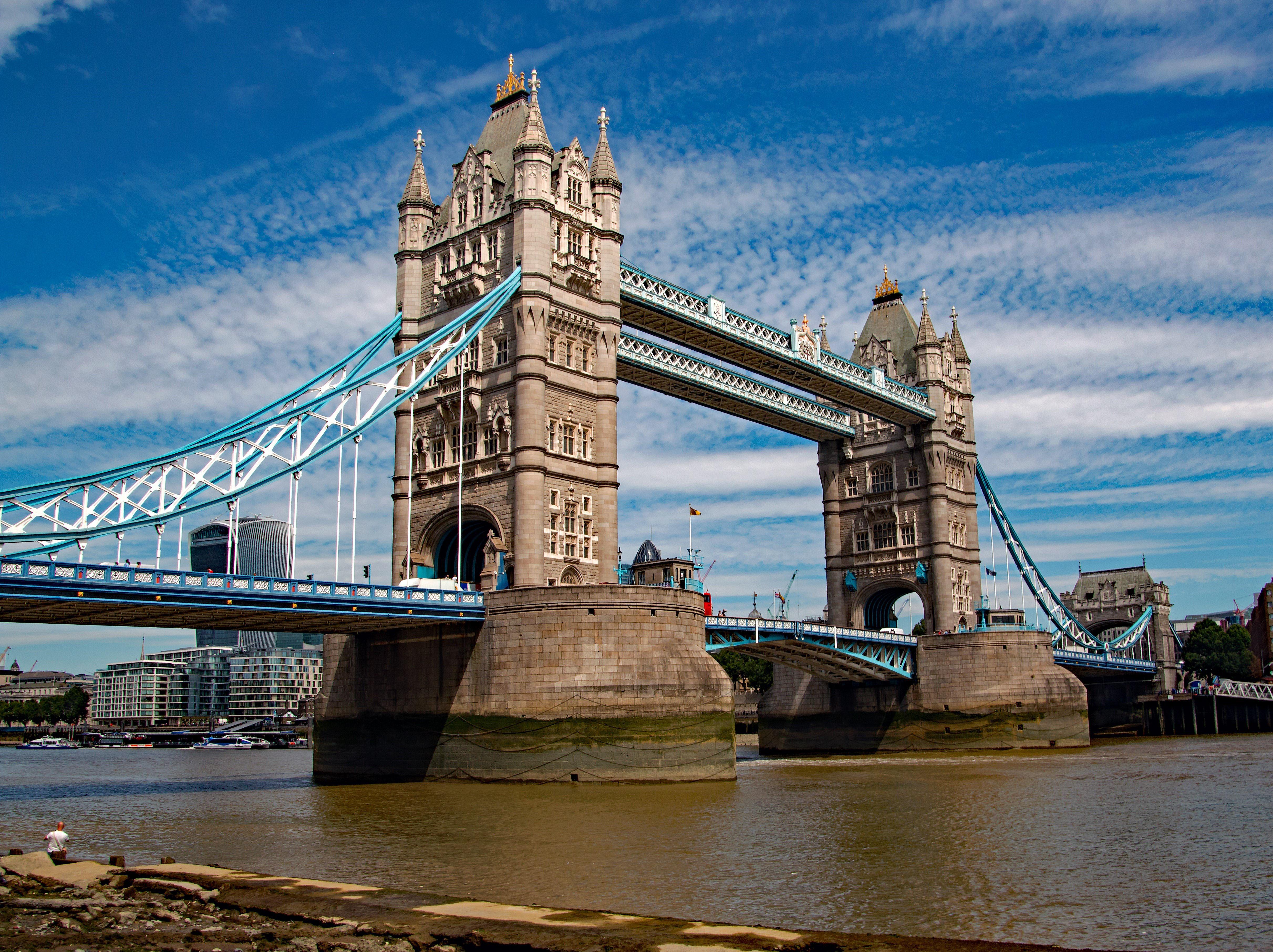 A bridge with blue railings